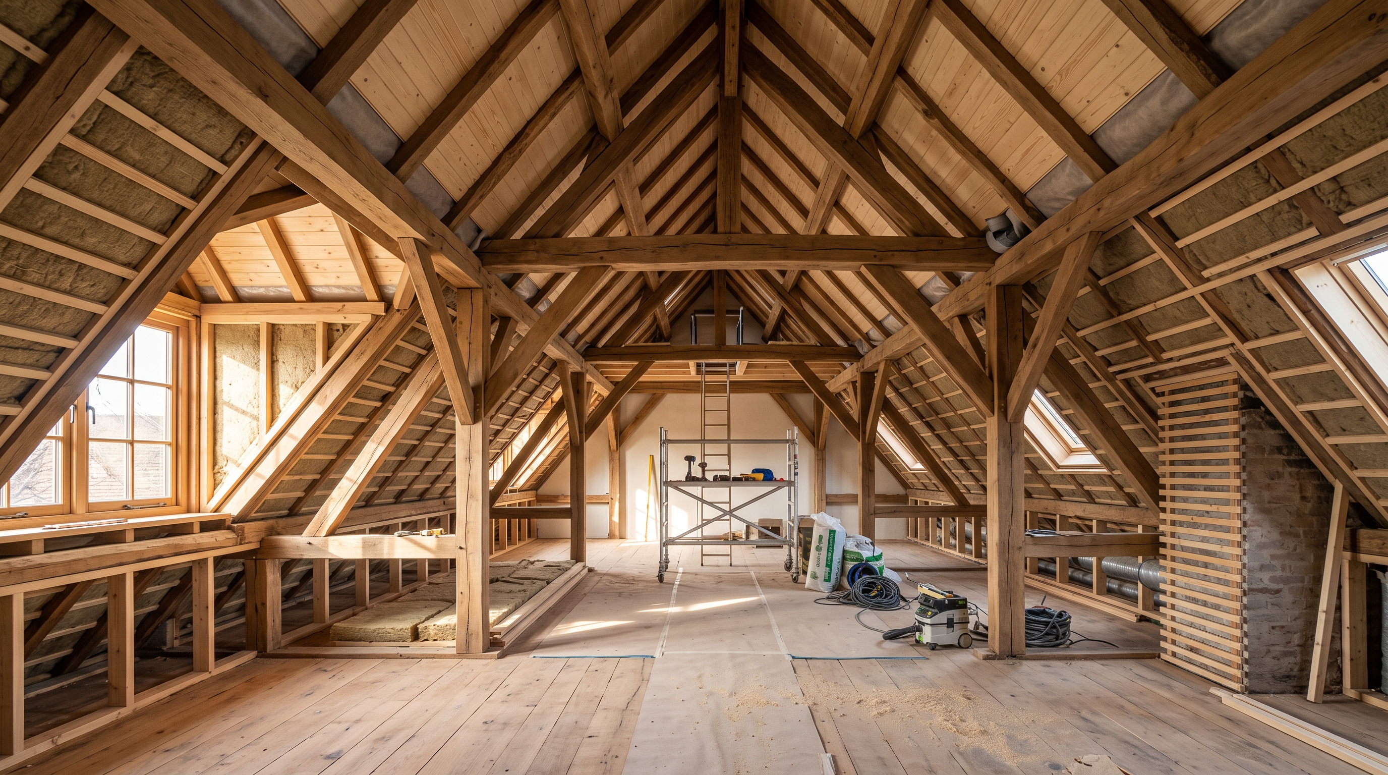 Charpente traditionnelle en bois et aménagement sous combles